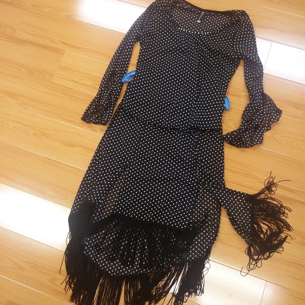 Sheer Black Polka Dot Skirt Set with Fringe Panels